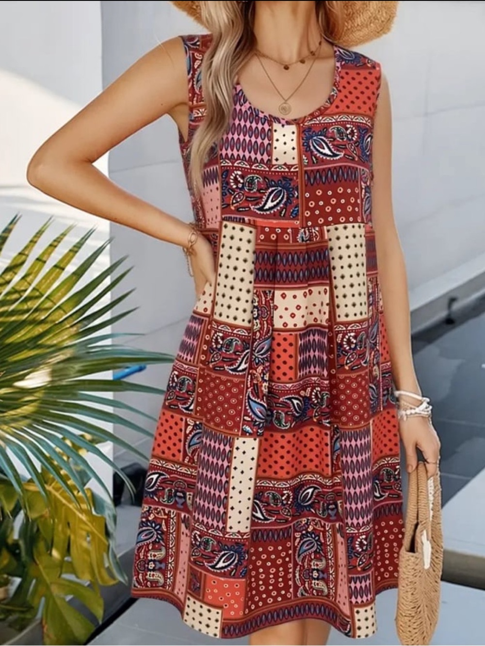 New! Bohemian Ethnic Style Random Print Sleeveless Round Neck Dress. X-Large